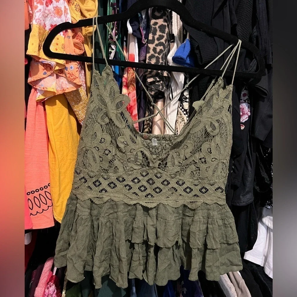 🌿 Intimately Free People Adella Cami in Olive Sparrow Green | Size Large (L) - Picture 3 of 10